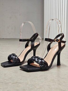 Braided Strap High Heel Sandals With Adjustable Ankle Strap & Square Toe Design